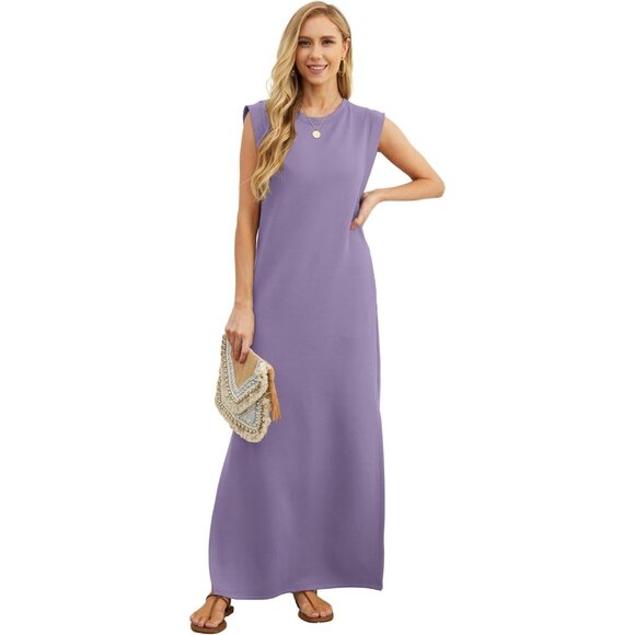 Grecerelle Women Purple Round Neck Loose Split Wrinkle-Free Long Maxi Dress - Picture 3 of 6